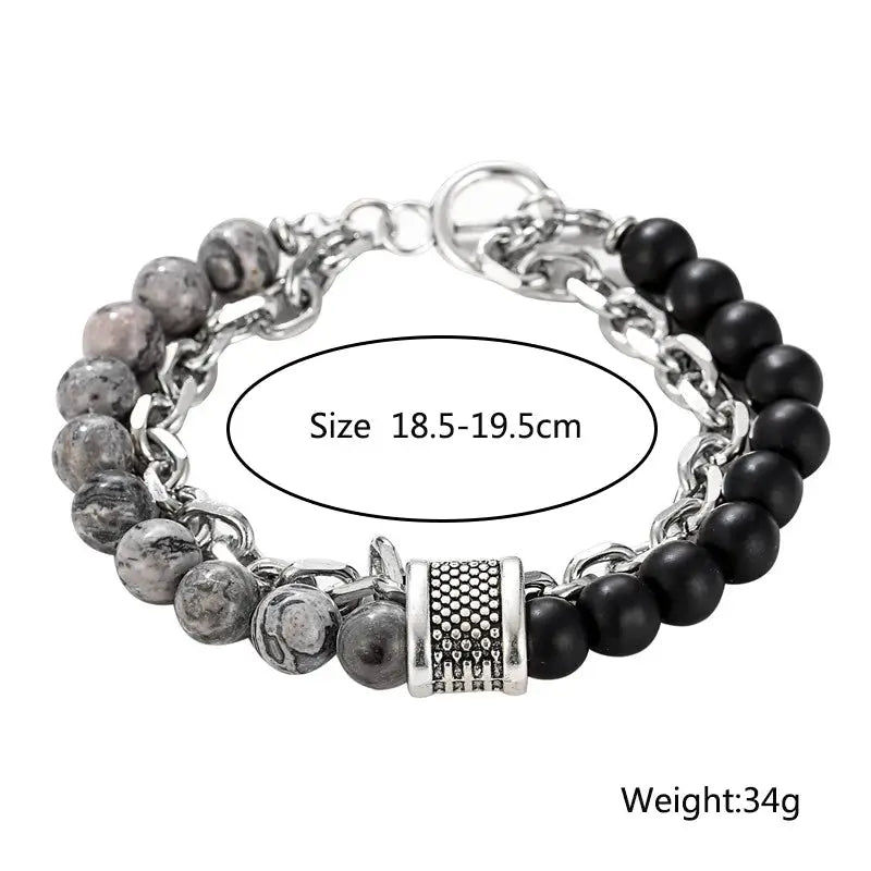 Fashion Punk Frosted Stone Chain Geometric Double Layer Beaded Bracelet Stainless Steel All Match Trend Accessory