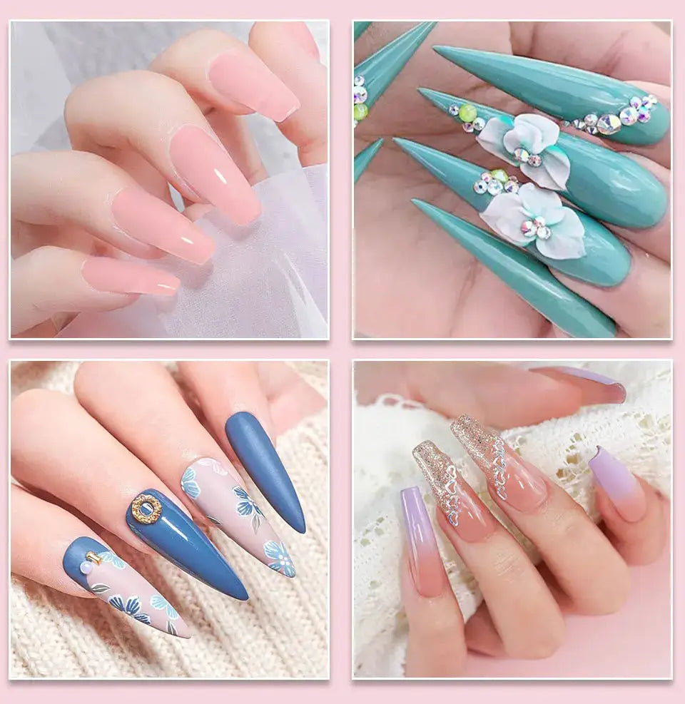 Acrylic nail kit by Simples Market with 4 designs: pink nude, teal floral, blue floral, and pink glitter nails.