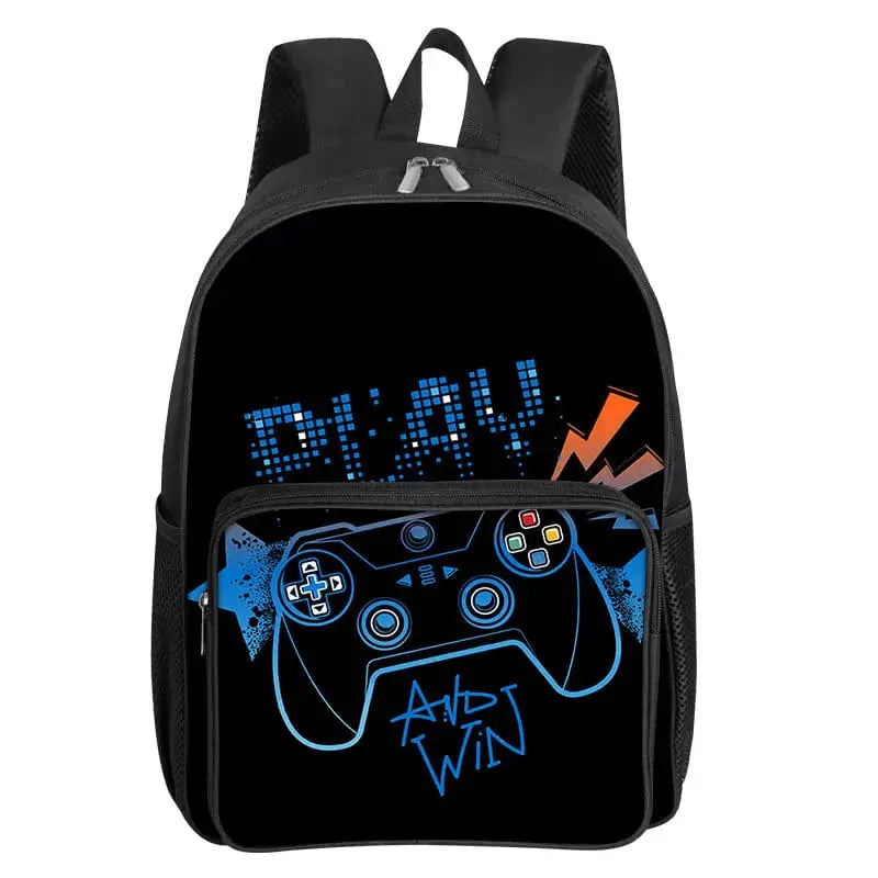 GamePad pattern backpack; black with blue illustrated game controller on the front pocket
