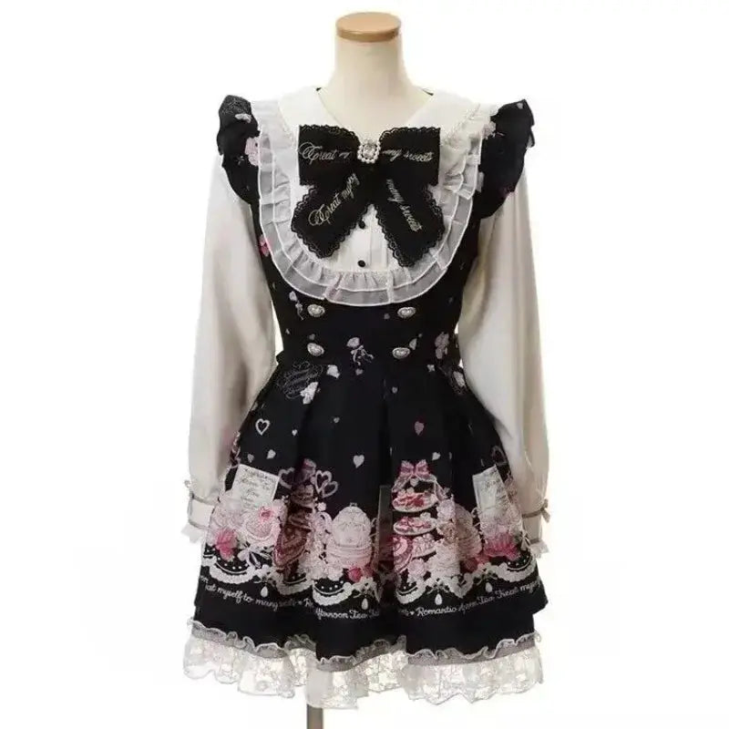 Y2K Lolita Bow Dress Shorts Set Gothic Lace Flare Sleeve Shirt Dress