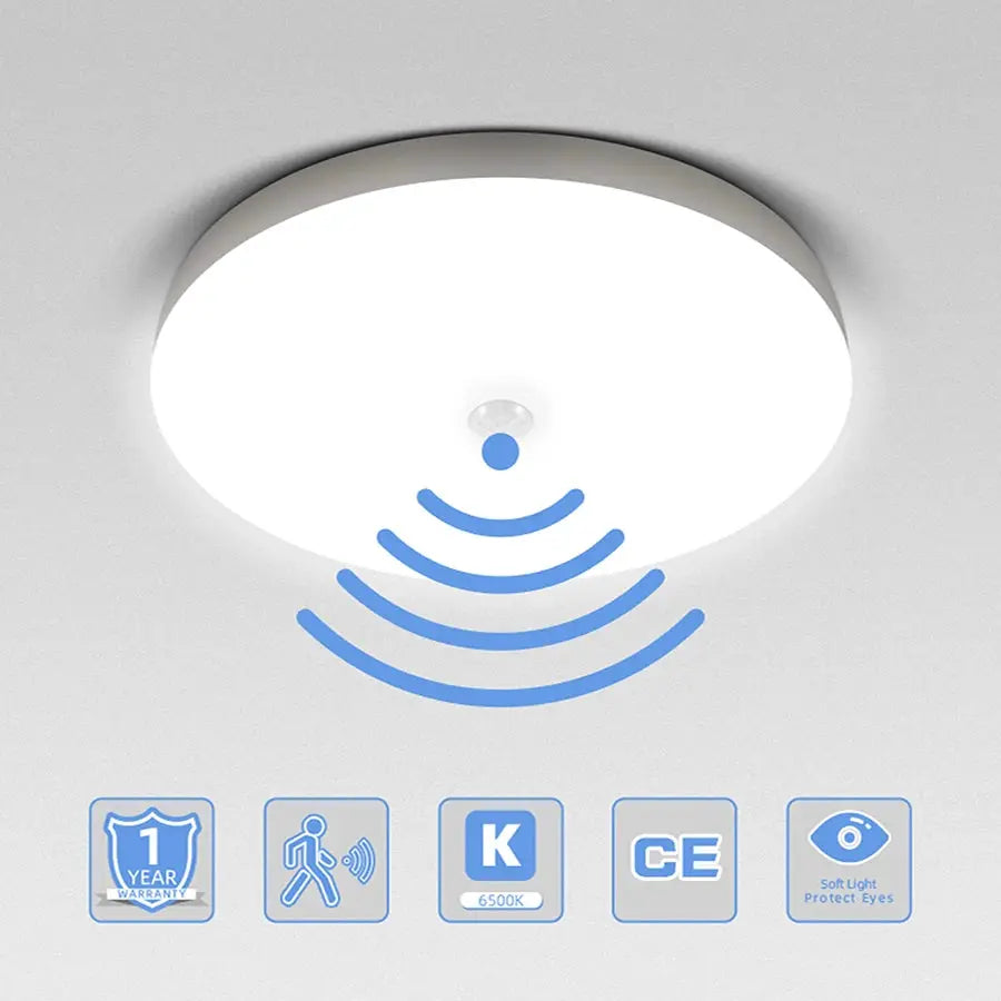 Motion sensor ceiling lamp, round white LED fixture with built-in motion detector
