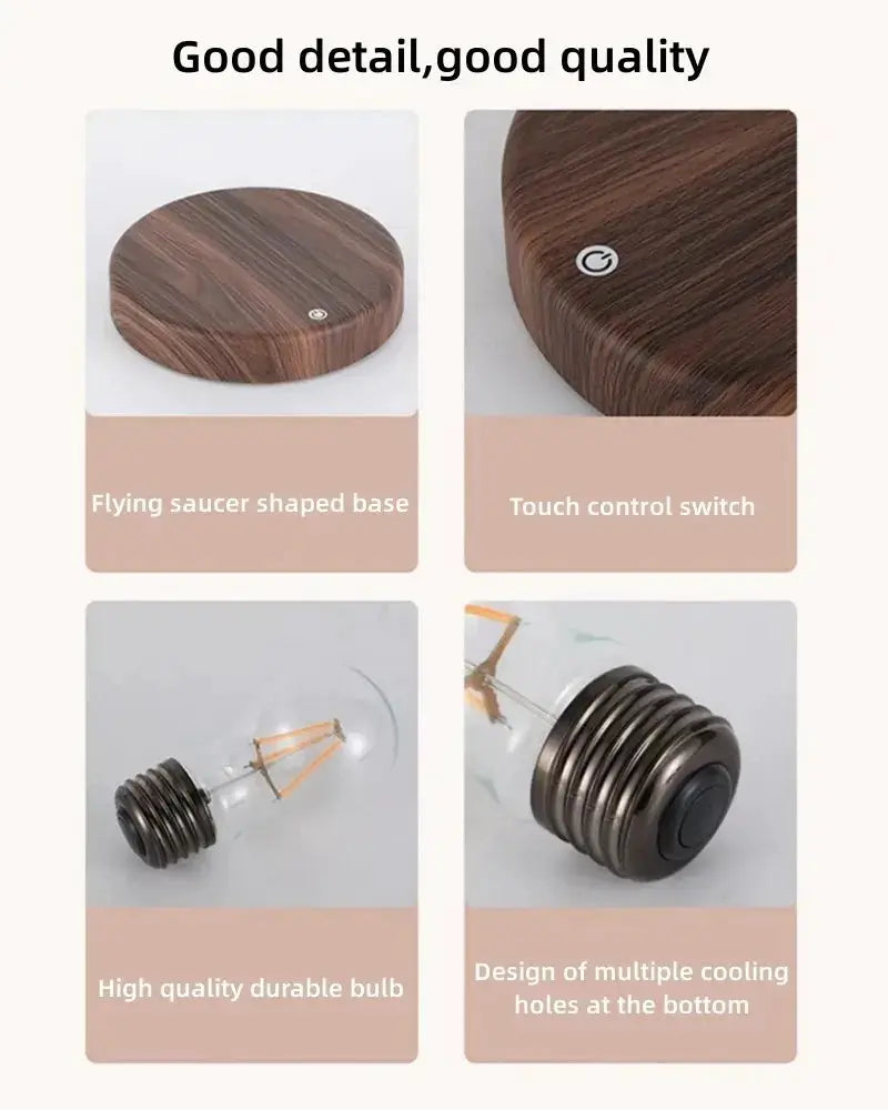 Magnetic levitation lamp with wooden flying-saucer base and floating glass LED bulb; four-panel layout by Simples Market