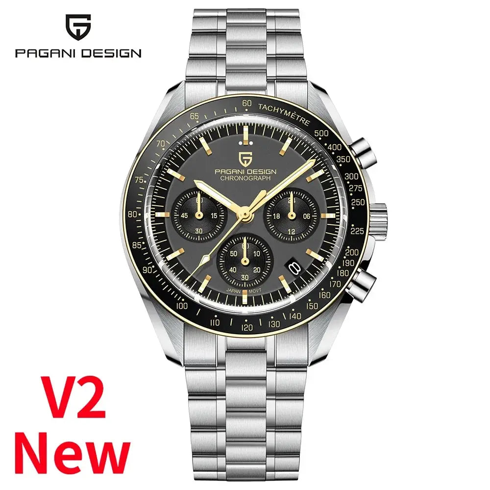 Pagani Design AK Project Mars men's stainless steel chronograph watch with black dial and gold-tone hands
