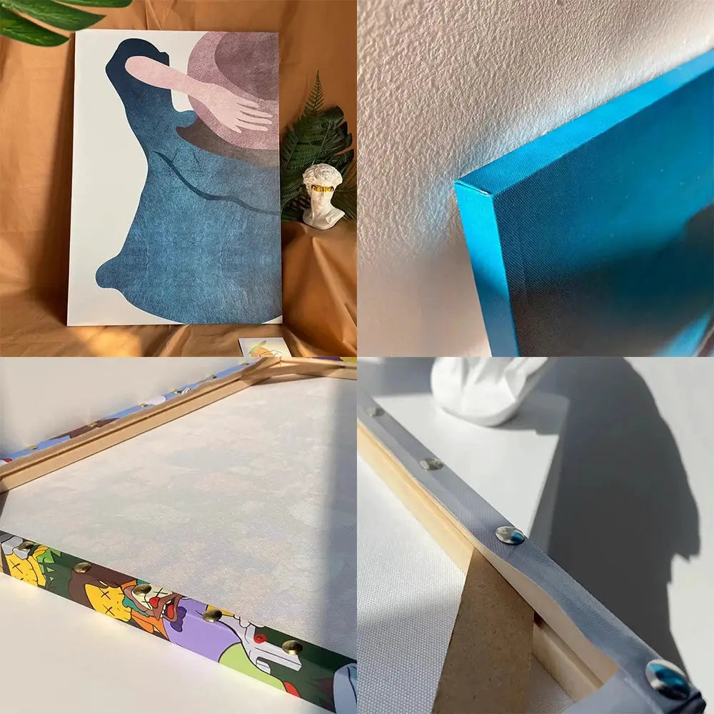 Wooden canvas frame with natural finish and blue edge, displaying abstract artwork.