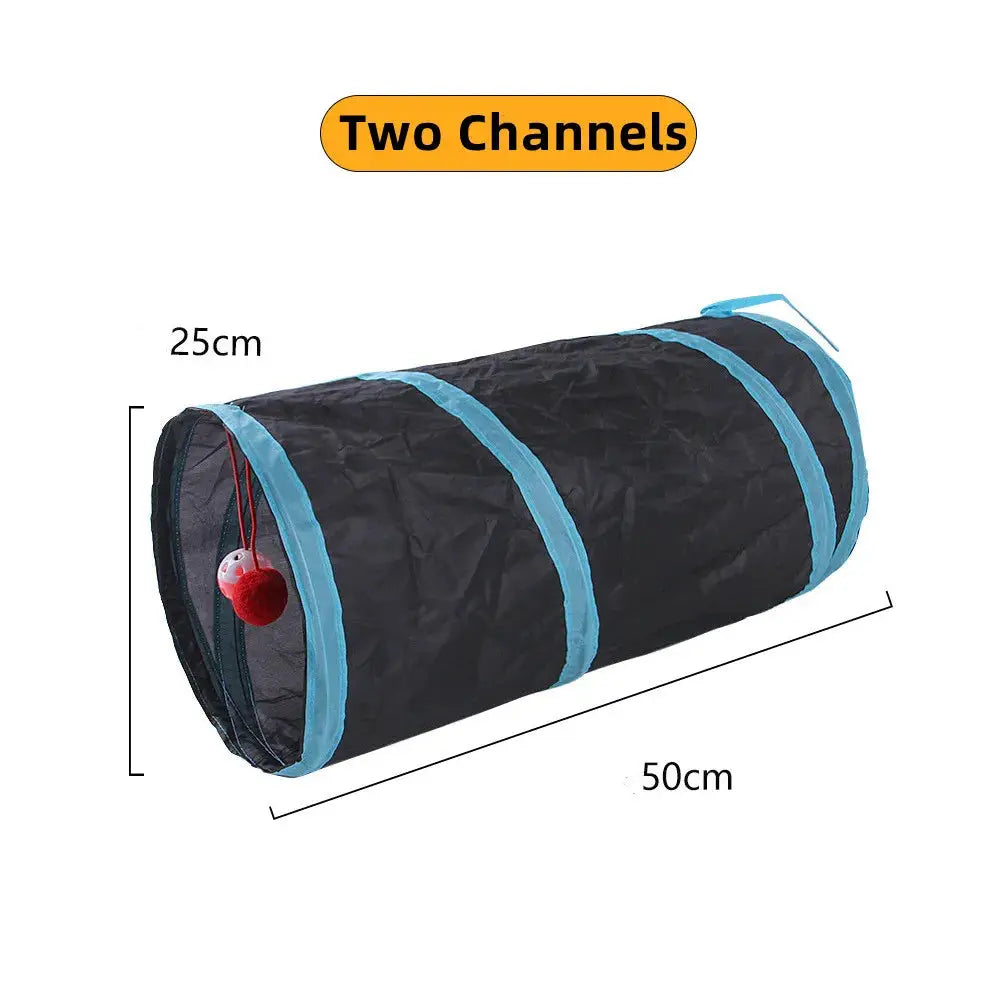Simples Market cat tunnel toy, black fabric with blue bands, foldable two-channel play tunnel with red pom-pom toy