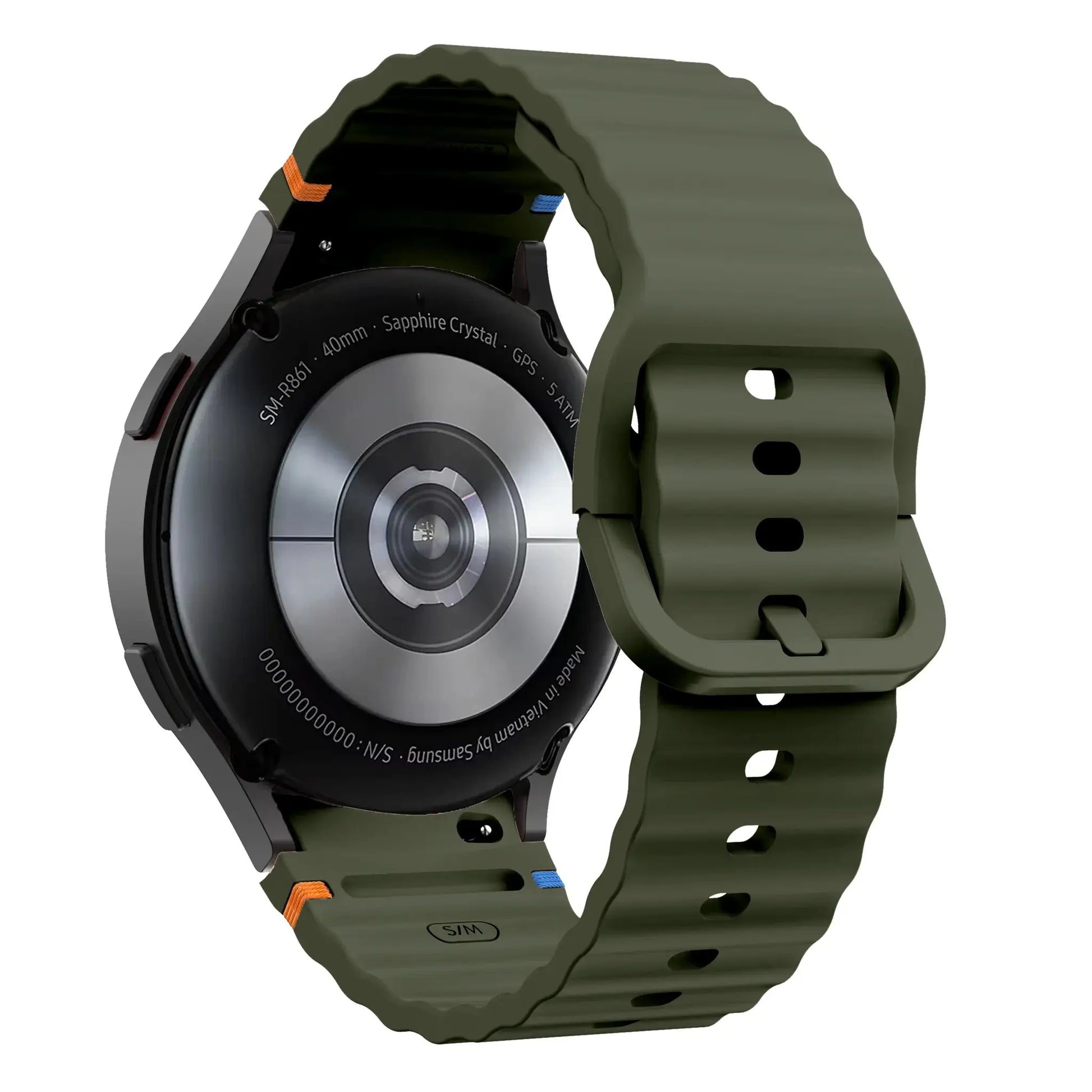 Original silicone watch band for Samsung Galaxy Watch, olive green with orange and blue accents, Simples Market