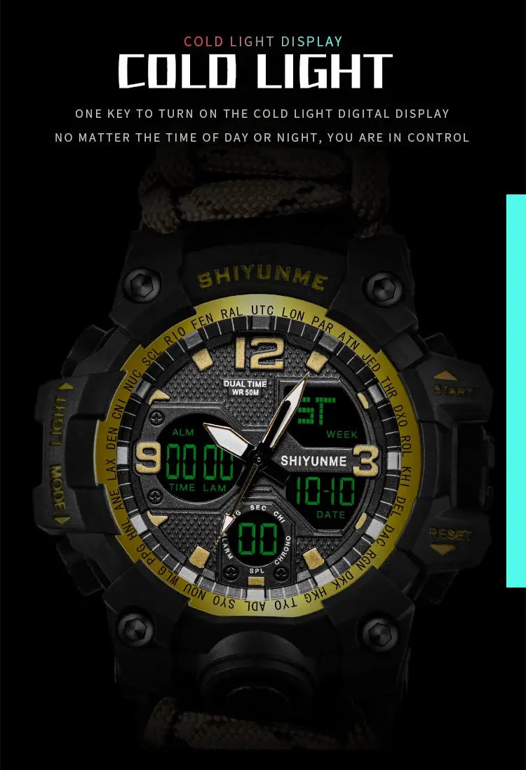 SHIYUNM men's military sports digital watch with compass, black with yellow bezel, waterproof