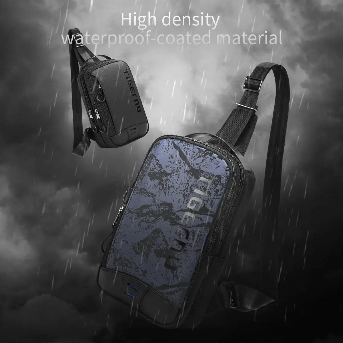 Tigernu chest bag for men; blue camo 9.7-inch iPad bag and black mini crossbody pouch, Simples Market
