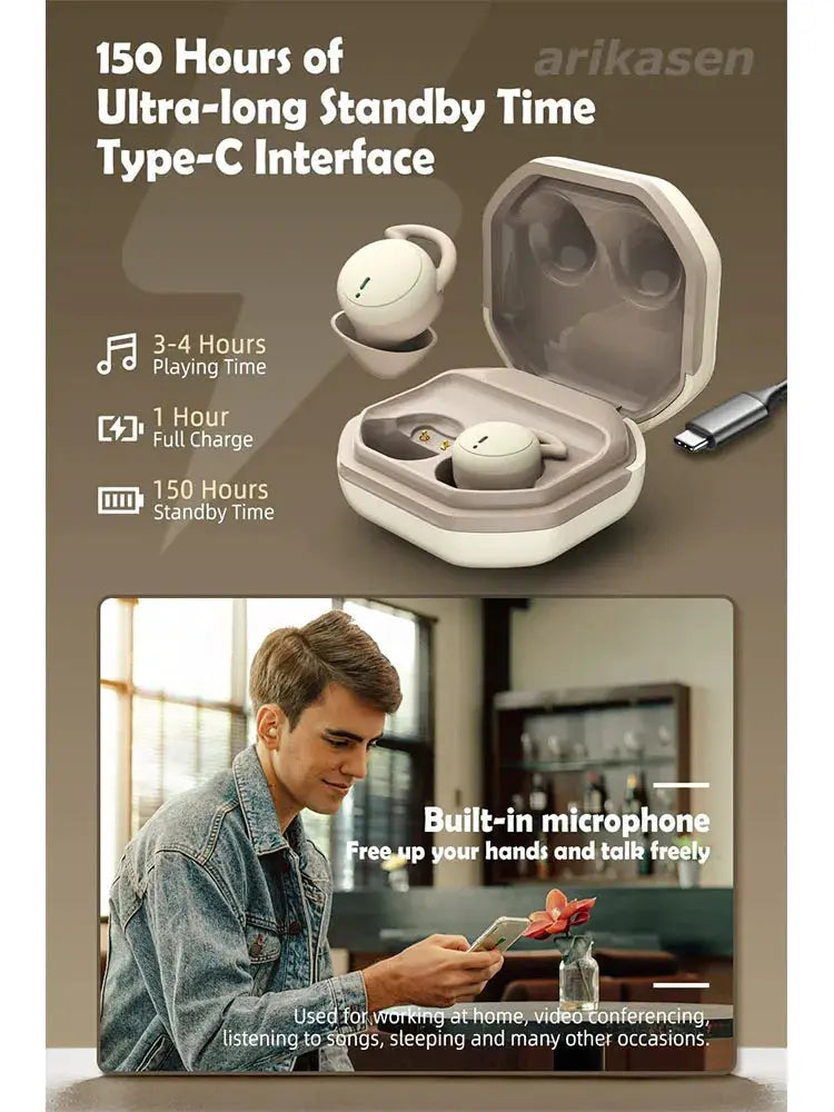 Bluetooth Earbuds by Simples Market with charging case, beige wireless sleep earphones