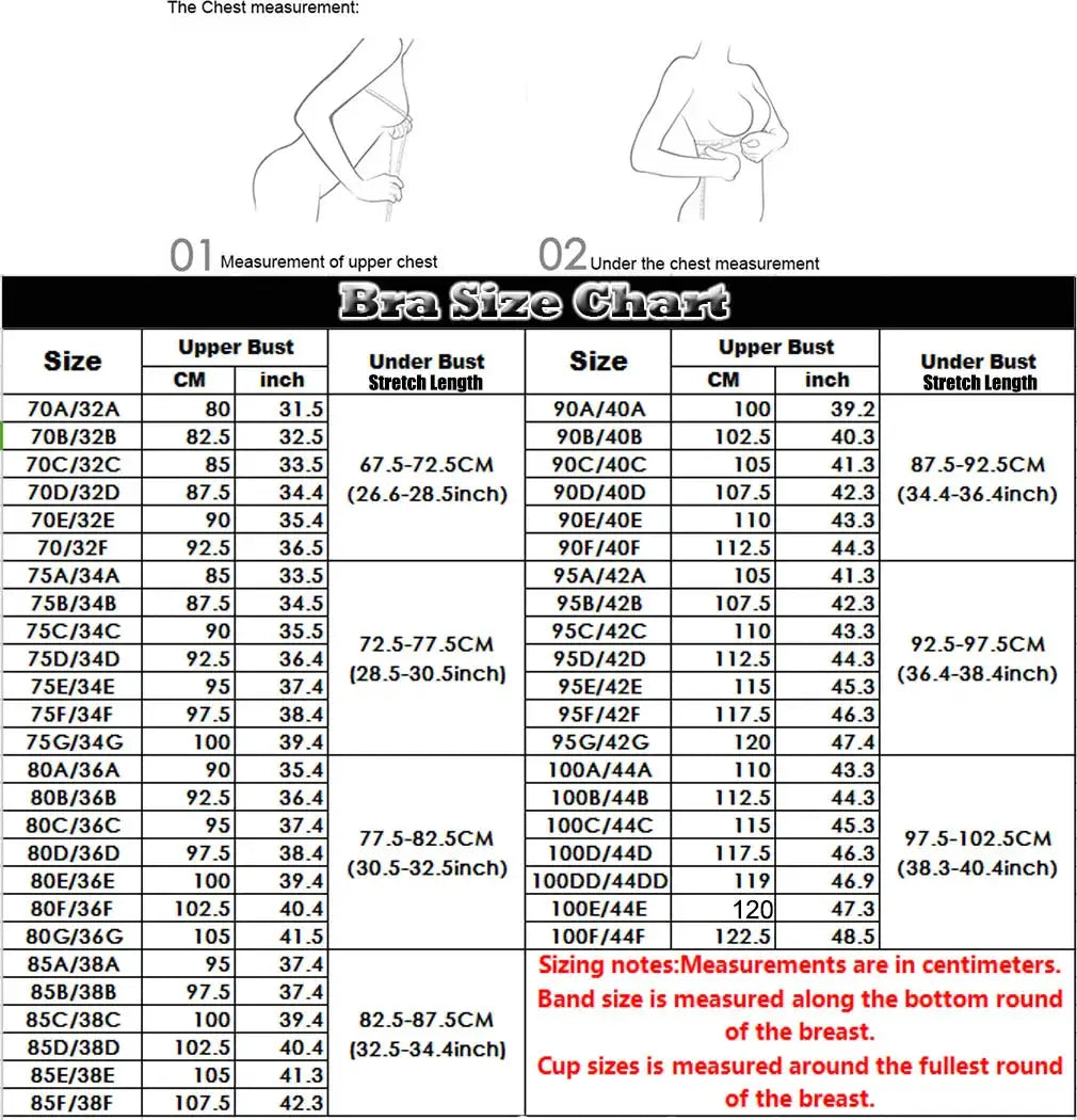 Plus size lace underwire bra size chart for BH B-E cup by Simples Market, showing upper and under bust measurements