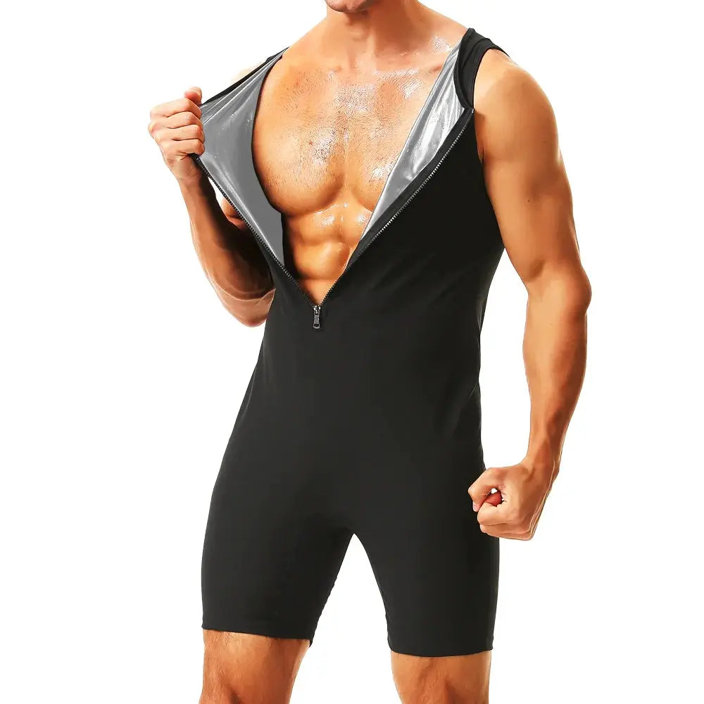 Men's sauna jumpsuit in black with gray inner lining and zip-front, fitness body shaper.