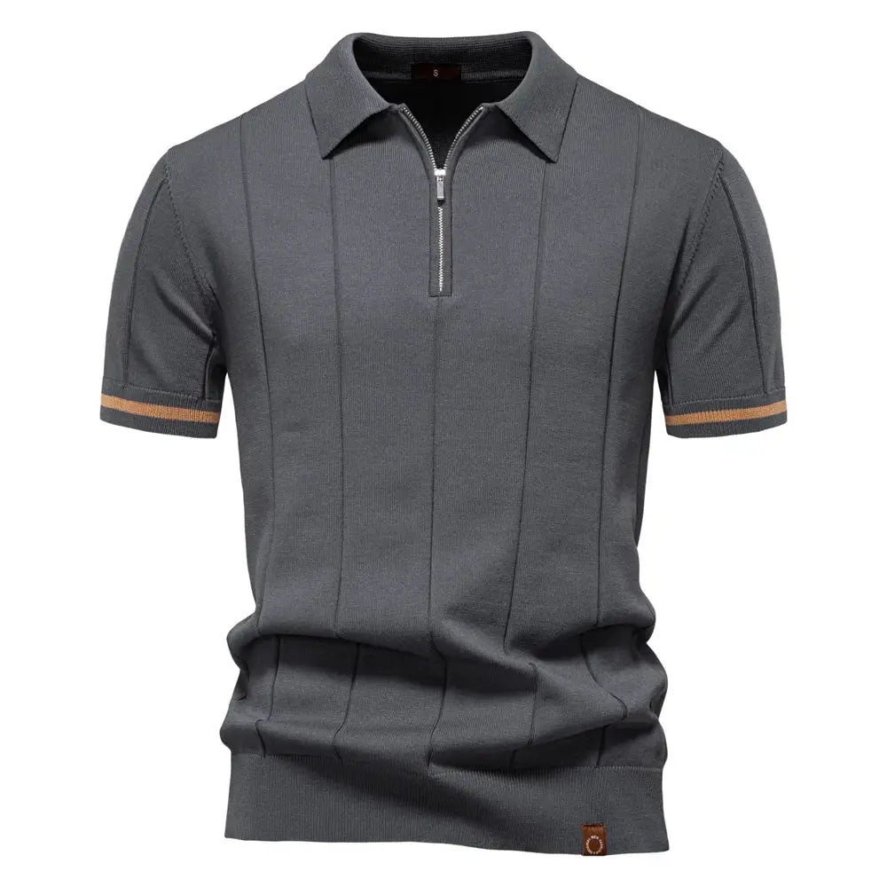 Simples Market AIOPESON men's gray polo shirt with front zipper, short sleeves, athletic slim fit