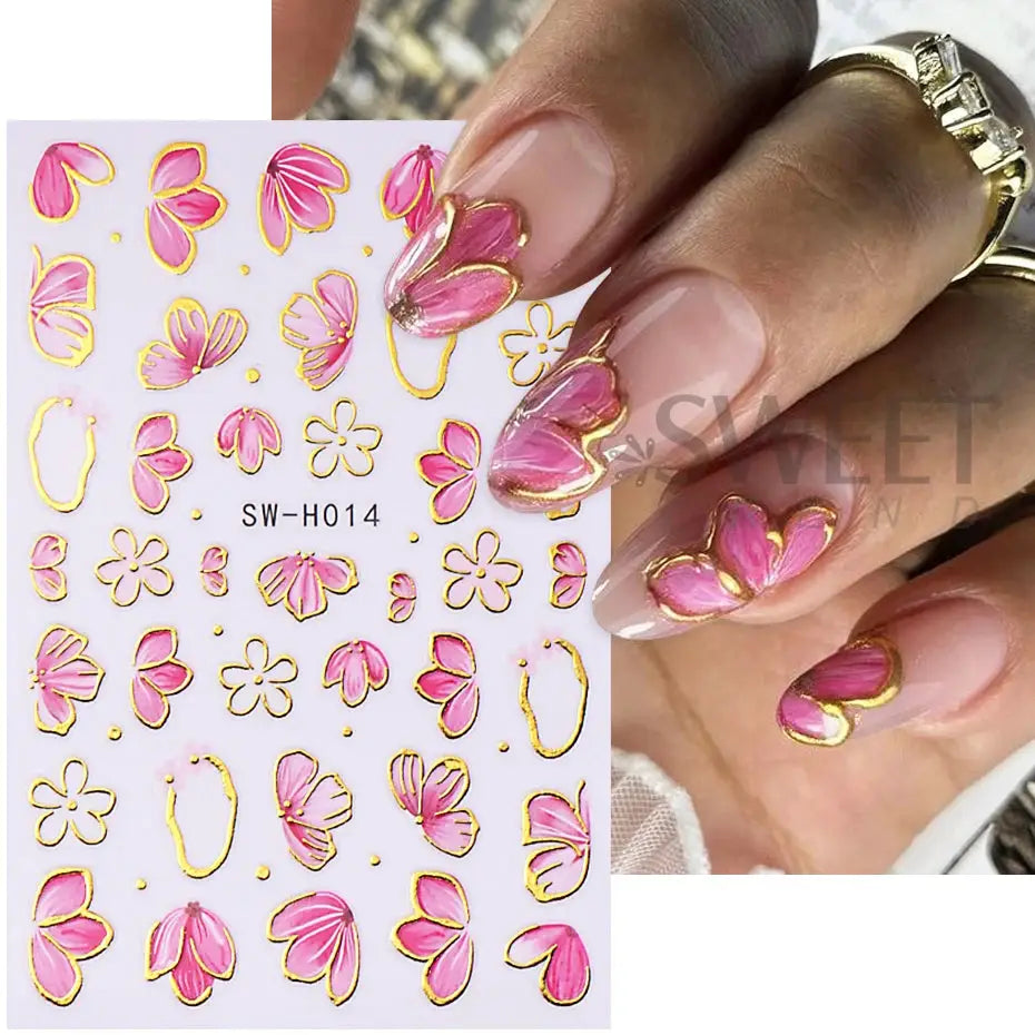 Nail decals 2/3pcs golden pink hibiscus flowers with gold 3D border for Simples Market DIY manicure
