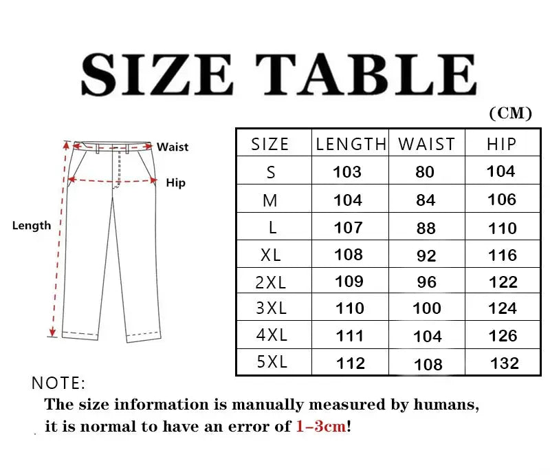 Men city cargo pants size table with length, waist and hip for S–5XL (1–3 cm measurement variance)