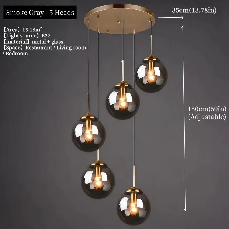 Simples Market modern luxury metal and glass five-head smoke-gray chandelier pendant light, adjustable 150cm
