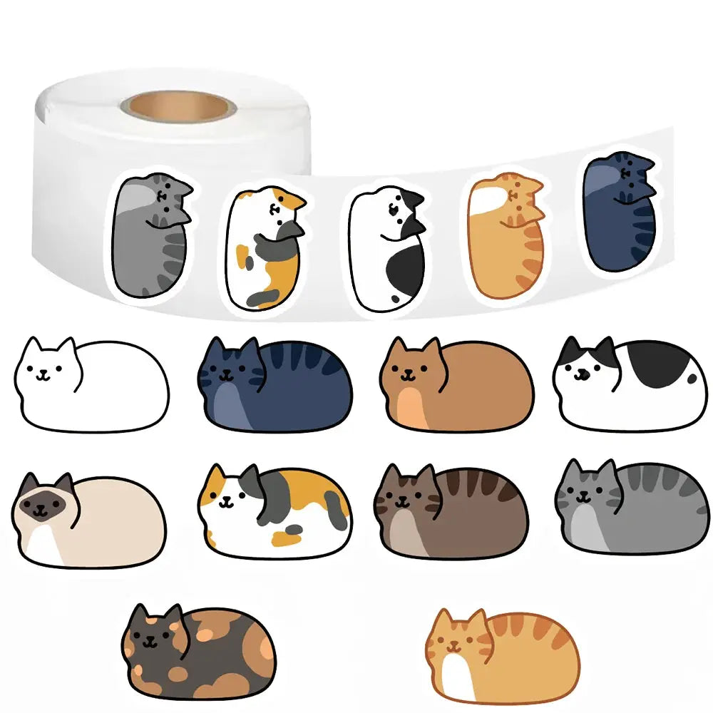 Kawaii cat sticker roll (500pcs) by Simples Market for laptop, skateboard, phone; waterproof, assorted colors.