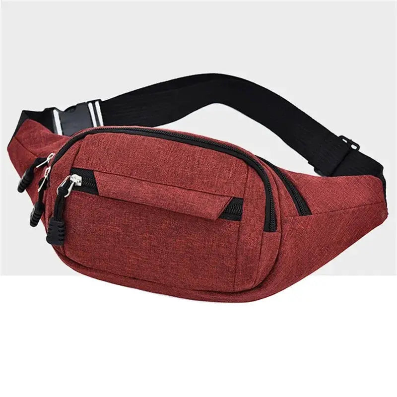 Red waist bag by Simples Market with zip pockets and black adjustable strap; large-capacity belt bag for men and women