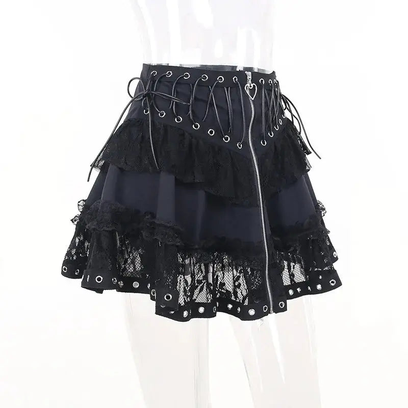 Gothic black skater punk high-waist mini skirt by Simples Market with lace tiers, grommet belt and zipper