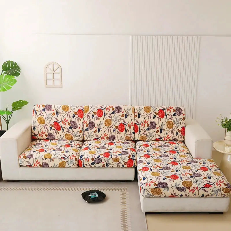 Floral printed stretch sofa slipcover set for L-shaped couch with chaise, covers cushions and backs, Simples Market