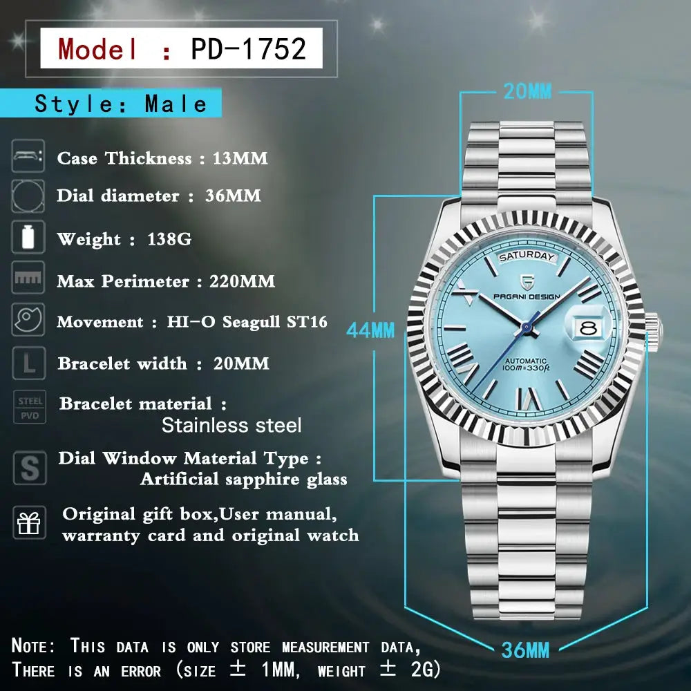 PAGANI DESIGN PD-1752 men's stainless steel automatic watch with blue dial and sapphire crystal