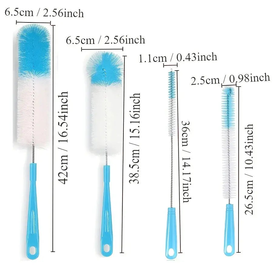 Bottle brush set, blue, 4 long-handled cleaning brushes for narrow wine bottles, thermos and jugs