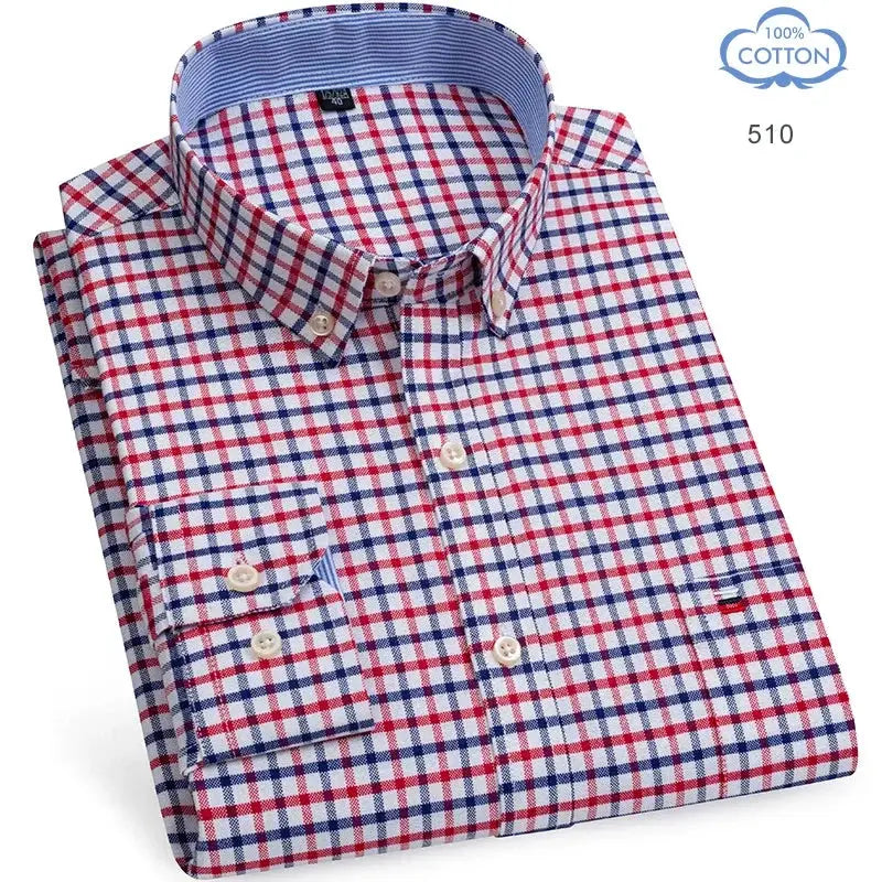 Men's 100% cotton plaid oxford shirt, long sleeves, red and blue check pattern.