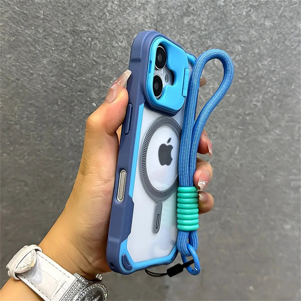 Armor Candy Color Clash MagSafe phone case with stand and wrist strap in blue/teal for iPhone 11–16 Pro Max