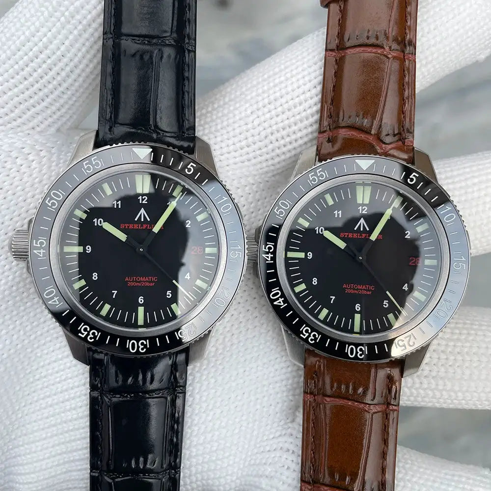 Steelflier SF783 automatic dive watches; black and brown leather straps, luminous dials, ceramic bezel (2 watches)