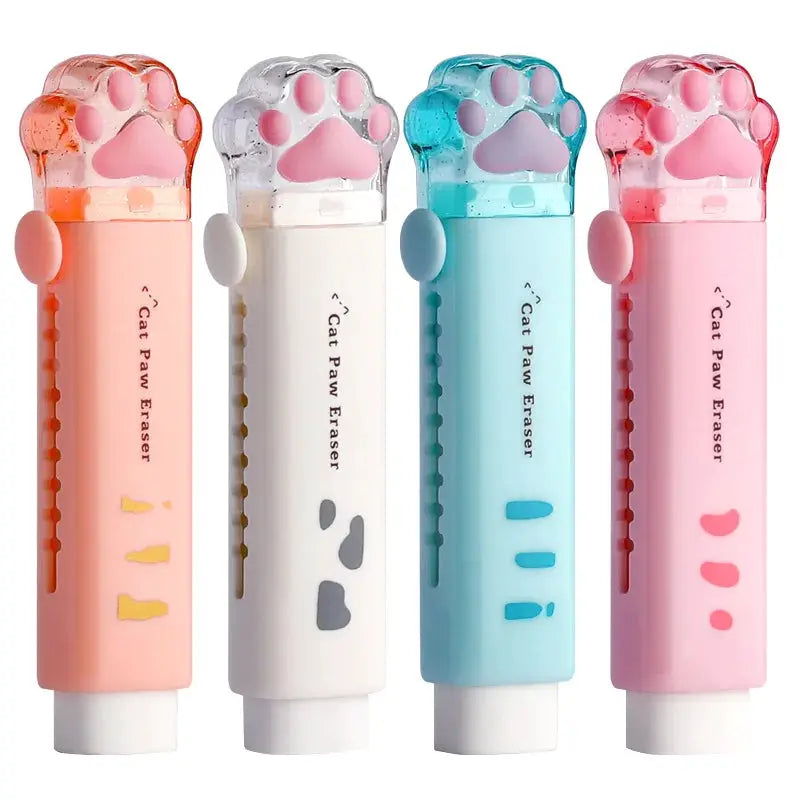 Simples Market Cat Paw Erasers 4-pack with retractable push-pull caps in pastel pink, white, blue, and pink