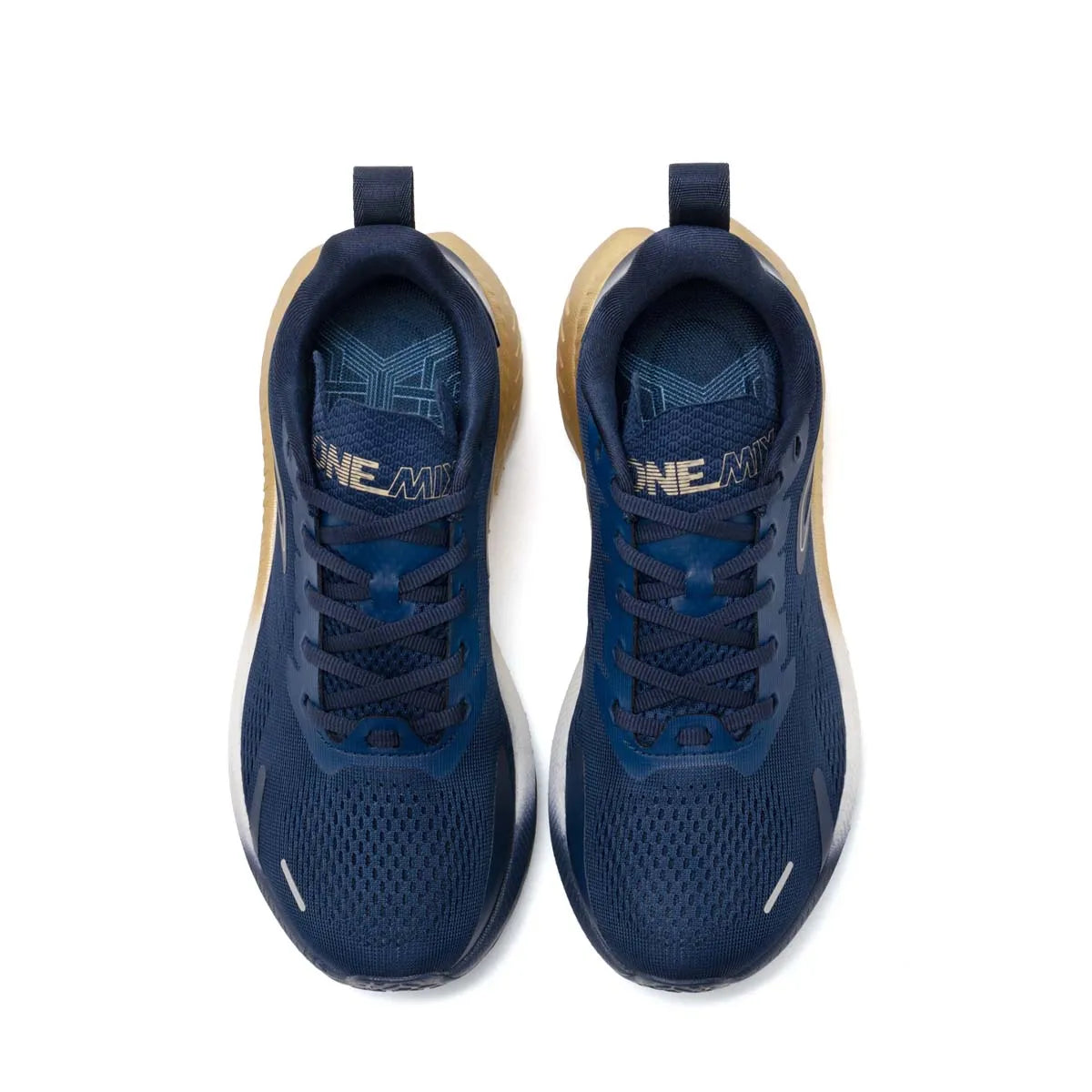 ONEMIX men's navy blue breathable running shoes with mesh upper and tan outsole, pair.