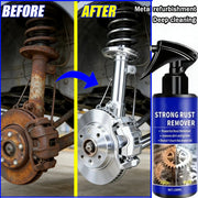 Automotive rust remover spray by Simples Market; rusted brake rotor, chrome suspension, and bottle