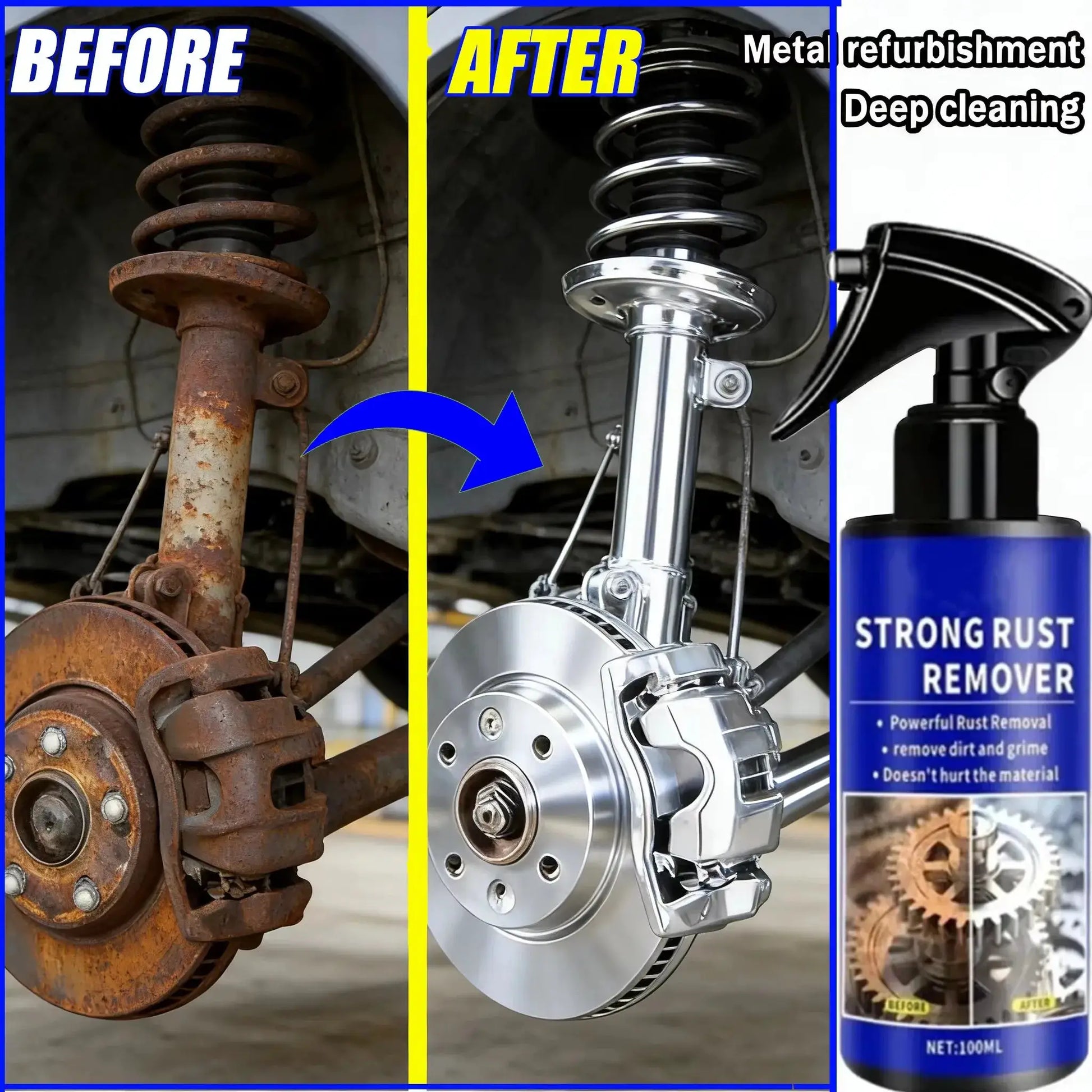 Automotive rust remover spray by Simples Market; rusted brake rotor, chrome suspension, and bottle