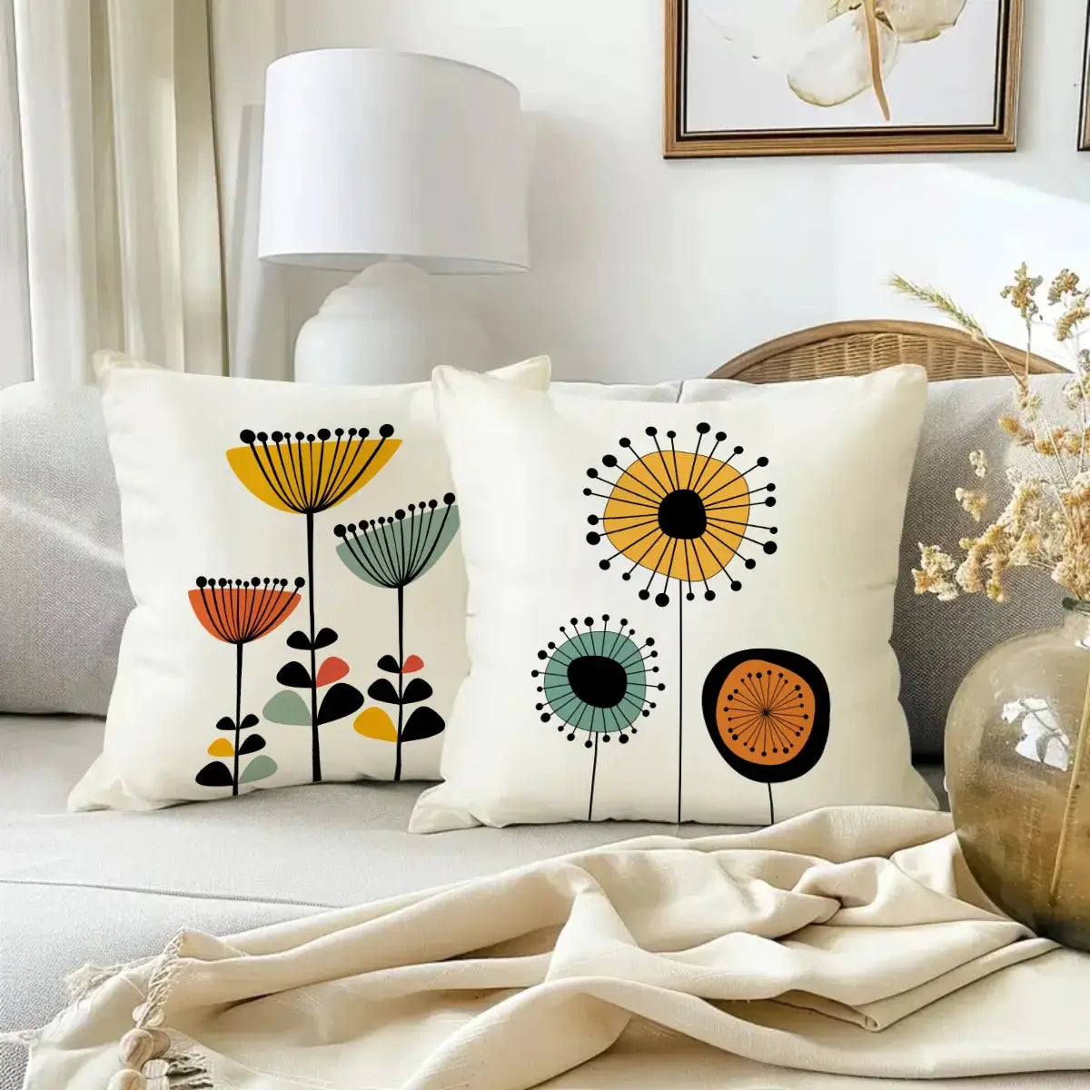 Simples Market floral plant-printed pillow covers, Bohemian style; set of 2 on white surface with yellow, teal, orange
