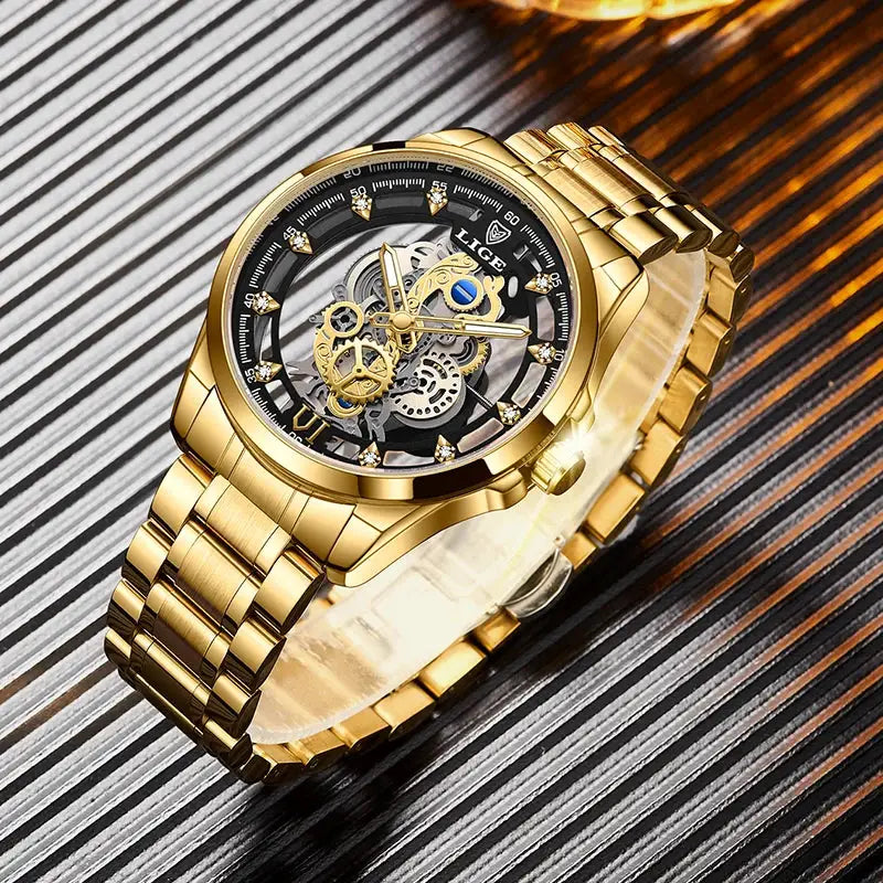 LIGE men's gold stainless steel skeleton quartz watch with exposed gears