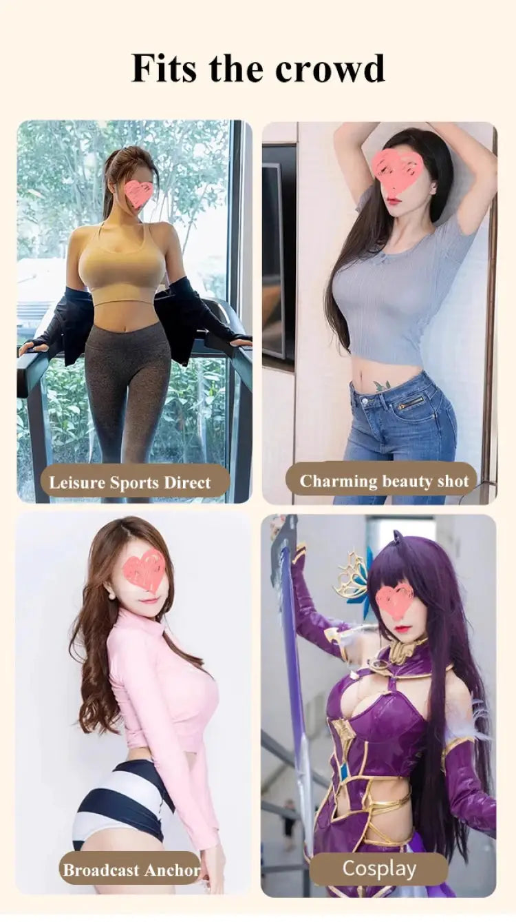 Silicone breast forms prosthesis by Simples Market; skin-toned cosplay enhancers shown in four outfits