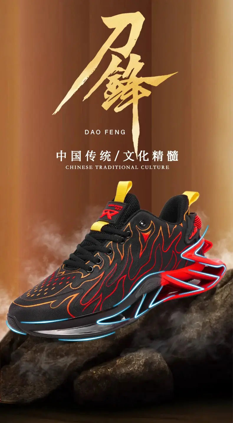 Simples Market men's sneakers, black with orange flame pattern and neon blue sole accents, yellow pull tabs.
