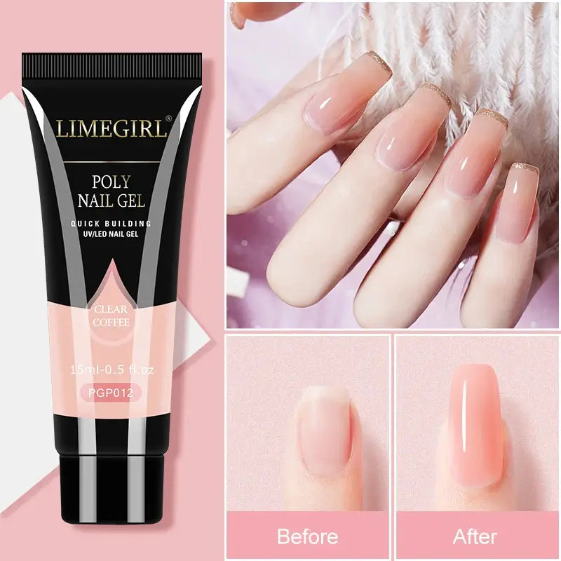LimeGirl poly nail gel 15ml in clear coffee shade with manicure nails