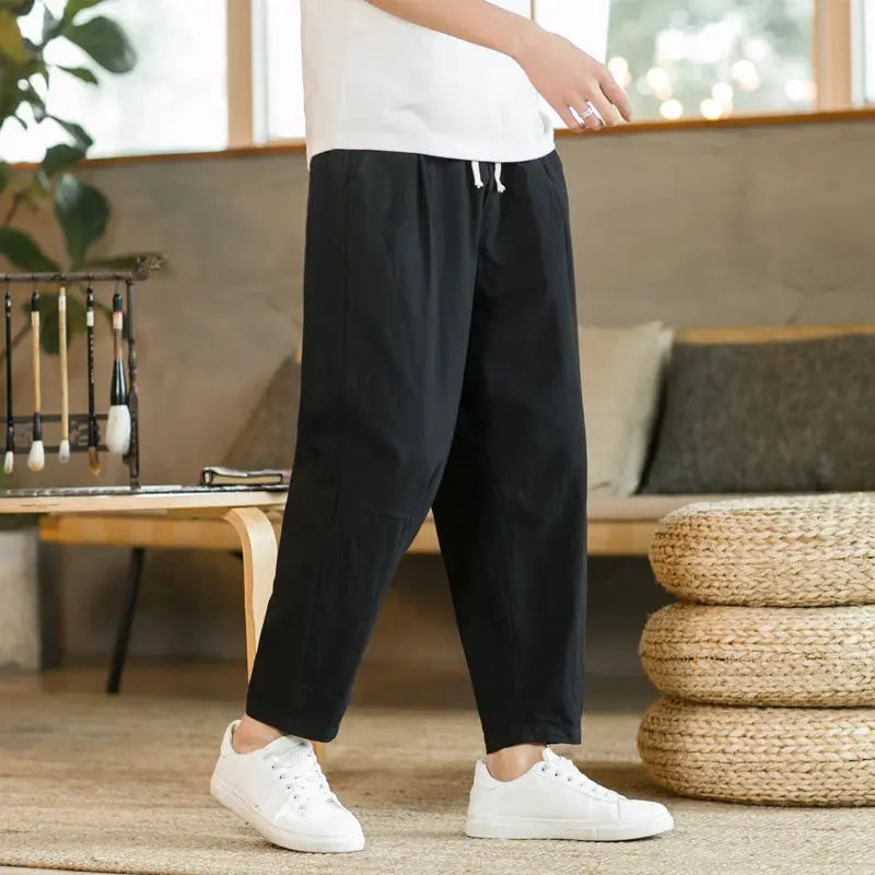 Mens Cotton Linen Solid Color Casual Pants Breathable Loose Fit Trousers With Drawstring Waist Streetwear