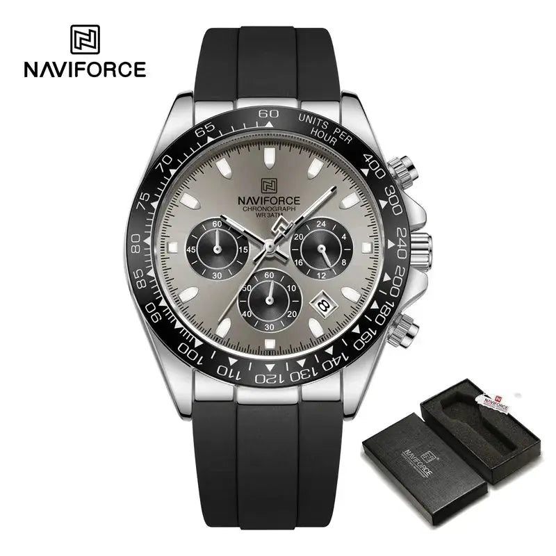 NAVIFORCE NF8054 men's chronograph watch with black silicone band and silver dial, comes with presentation box