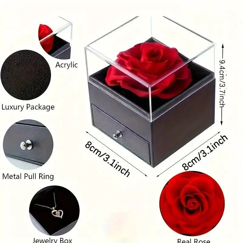 Valentine's rose jewelry box with eternal red rose, acrylic lid, ocean heart love necklace