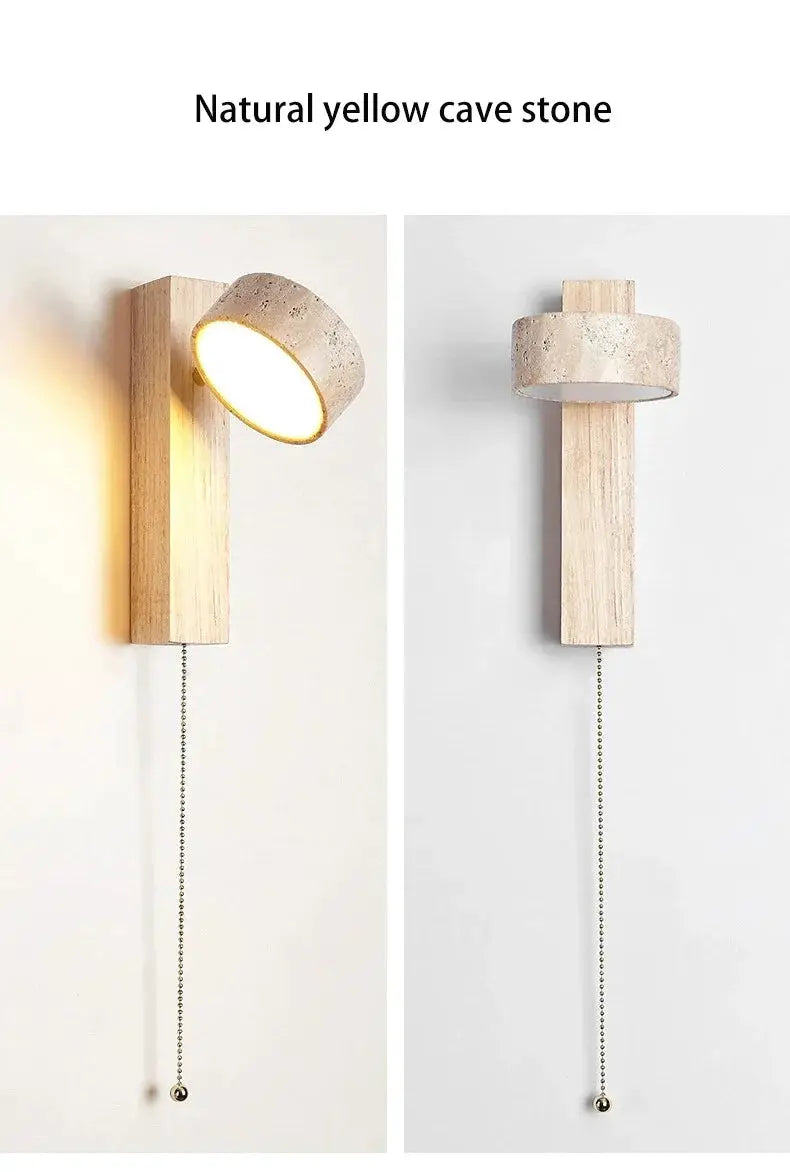 Cream stone and wood bedside wall lamp with pull switch; rotatable LED light, two views