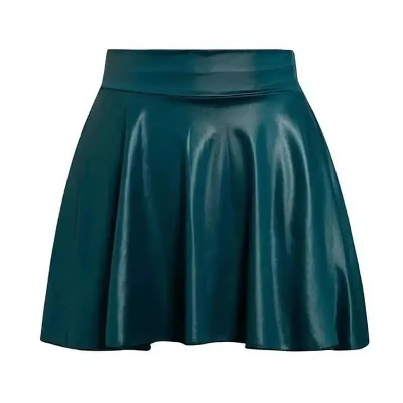 Faux leather mini skirt, teal, high-waisted with elastic waistband