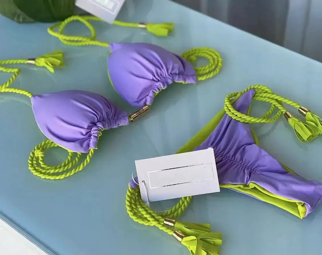 New Women Bikini Backless Rope Triangle Swimsuit Multicolor by Simples Market, lavender cups with lime green braided ties (2-piece set)