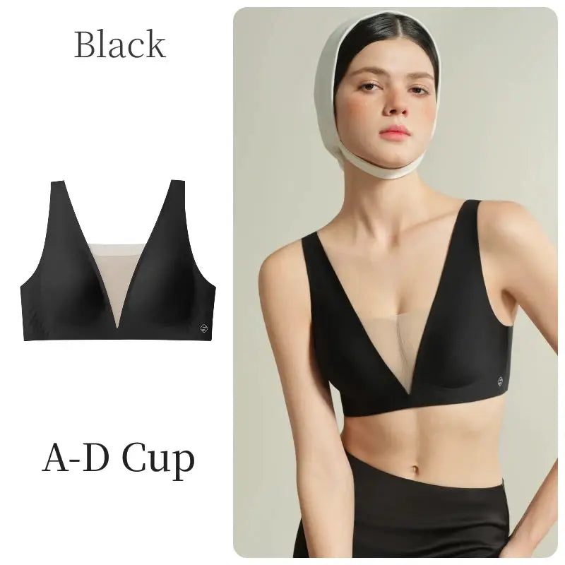 SUJIIN black seamless plunge push-up bra by Simples Market, A-D cup, wireless deep-V mesh, shown in two views