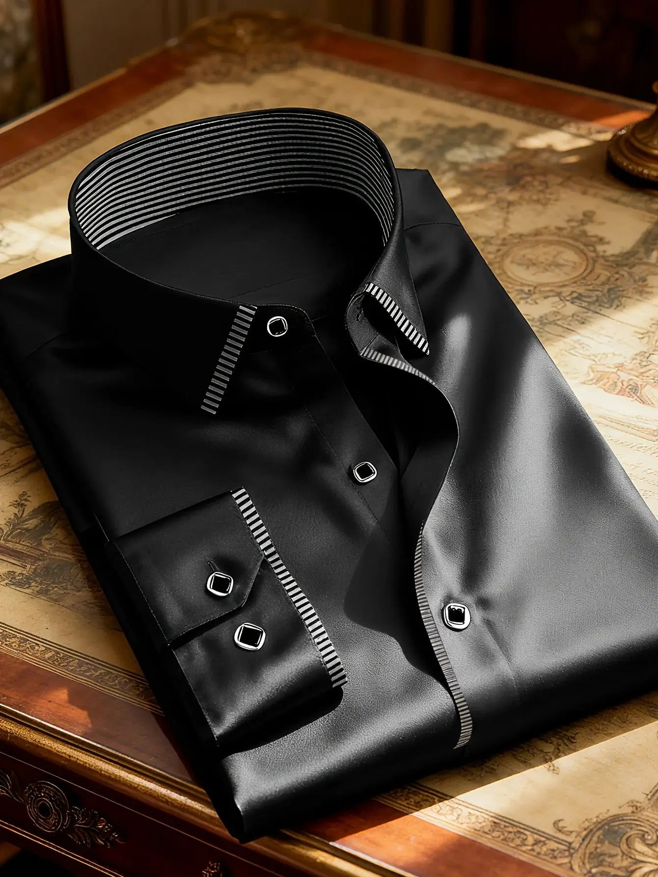 Men's black dress shirt with striped inner collar and cuffs, metal square buttons, long sleeves, Simples Market