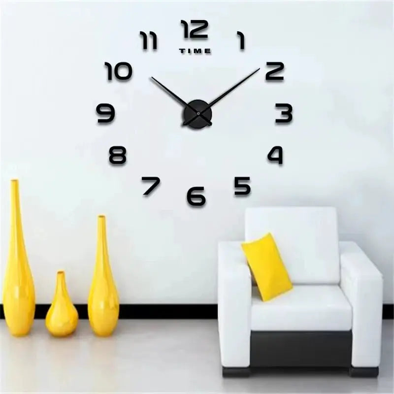 Large wall clock with 3D black digits and acrylic mirror stickers for modern living room decor, three yellow vases