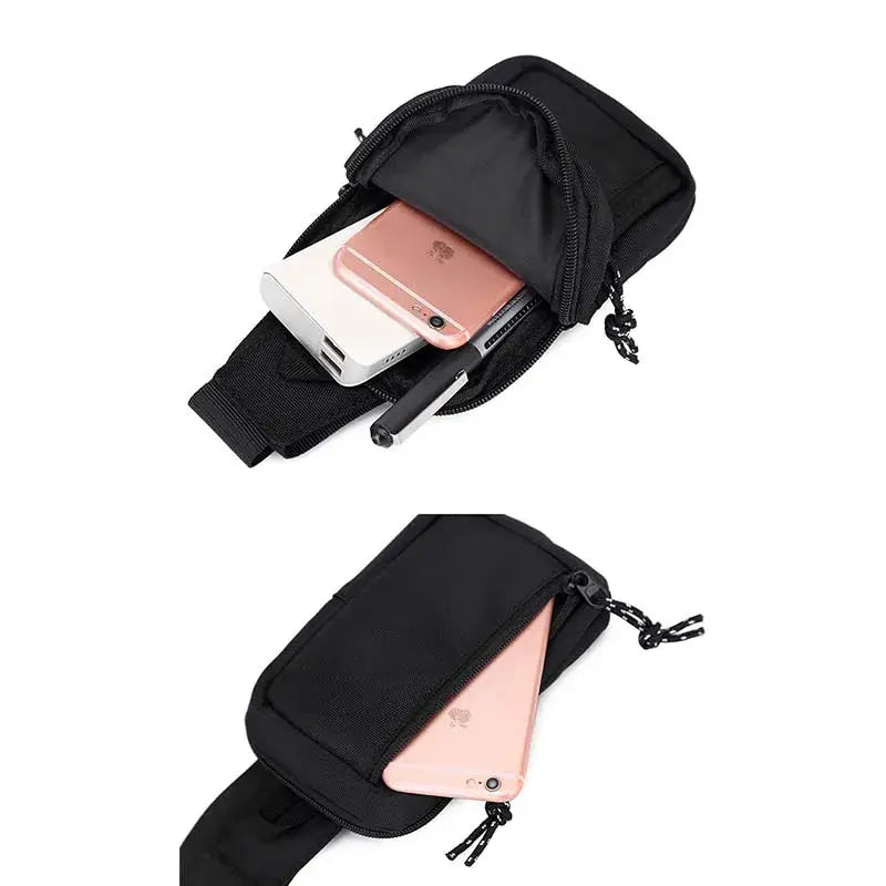 Simples Market crossbody bag for men, black mini chest bag with zip, two devices including a rose-gold iPhone.