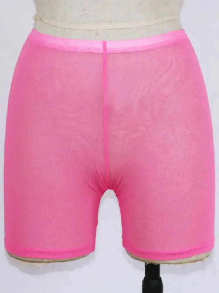 Women's pink mesh high-waist shorts, translucent summer wear