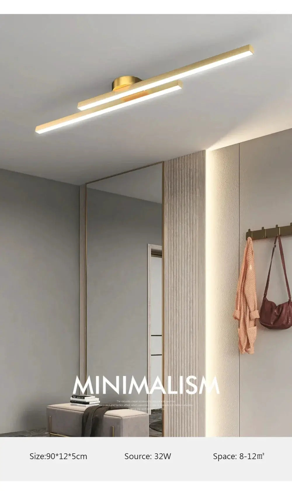 Modern LED ceiling light with twin gold bars, 60/80cm, ideal for bedroom and living room