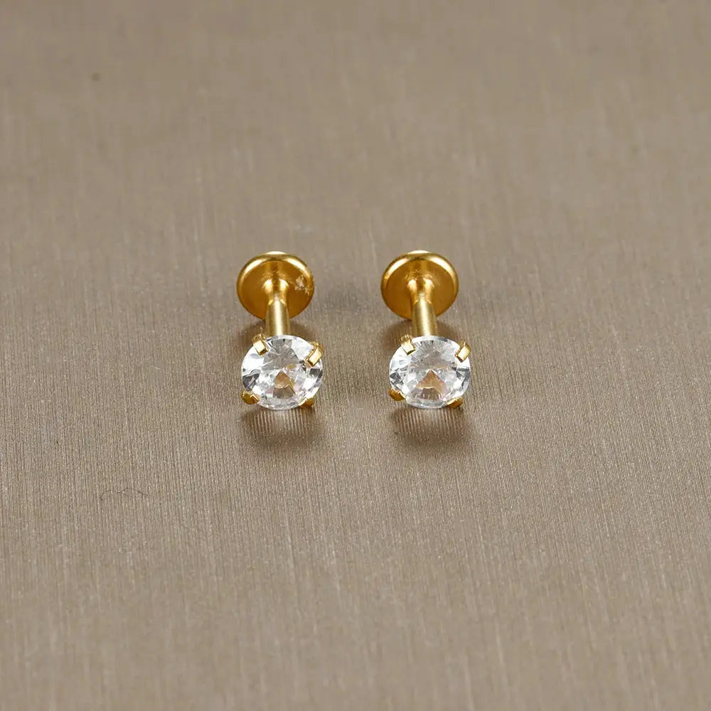 2pc gold-tone labret tragus stud earrings with clear CZ crystals, 16G surgical stainless steel, Simples Market